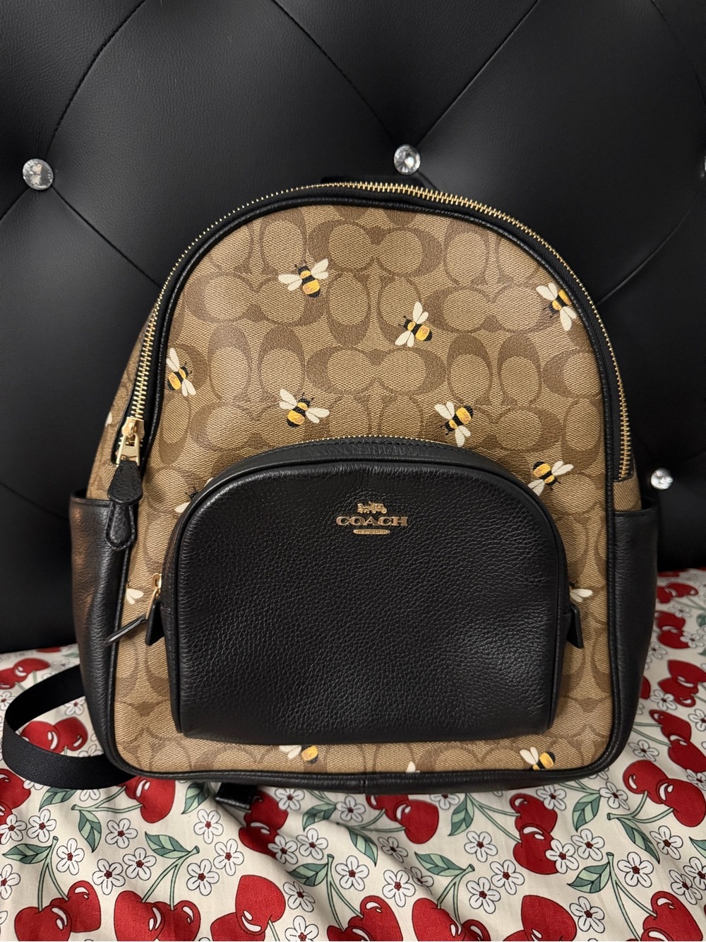 COACH Signature Bee Print Mini Backpack in Tan and Black